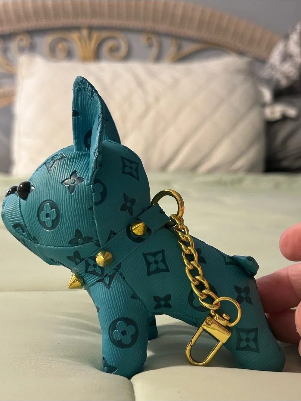 & Other Stories Teal Embossed Dog Key/Card Holder with Gold Studs